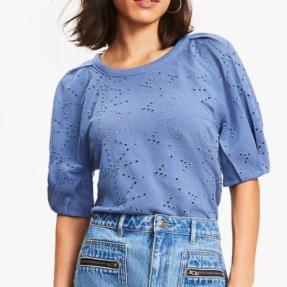 LOFT Petite Eyelet Mixed Media Short Sleeve Sweatshirt - Picture 1 of 10